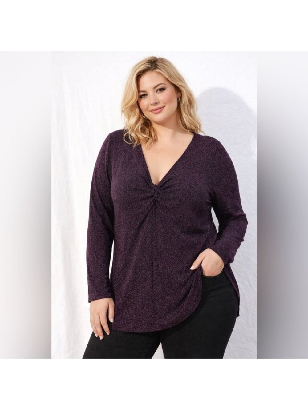 Penningtons Purple Glitter V-Neck Long sleeve stretch Party Top Dressy Size 2X